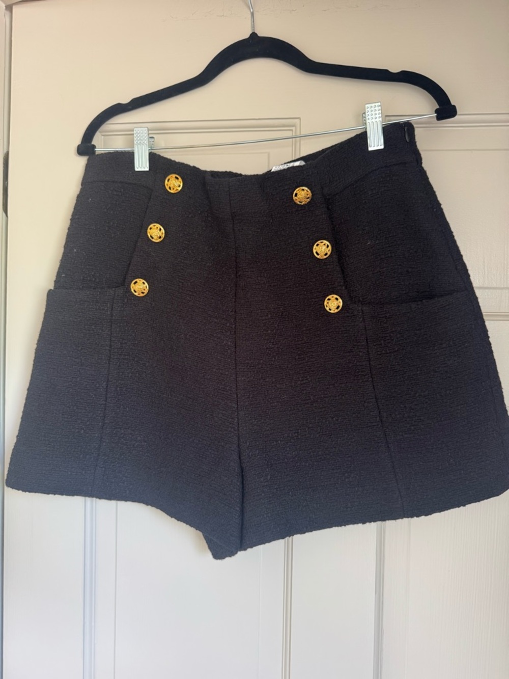 ZARA Tweed Textured Black High-Waist Button Front Shorts